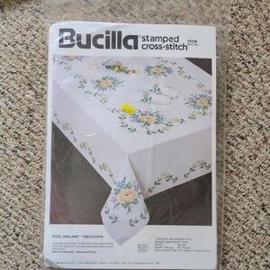 1990s Vintage Bucilla Stamped Cross Stitch 60x104 Tablecloth Rose Garland 40536